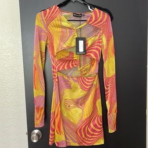 Sheer grooves long sleeve dress